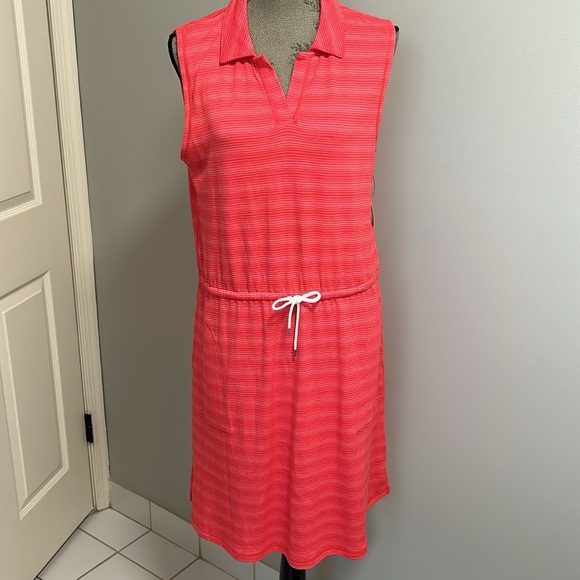 T by Talbots Coral Two Tone Striped Sleeveless Elastic Drawstring Waist Dress Lg - Picture 1 of 11